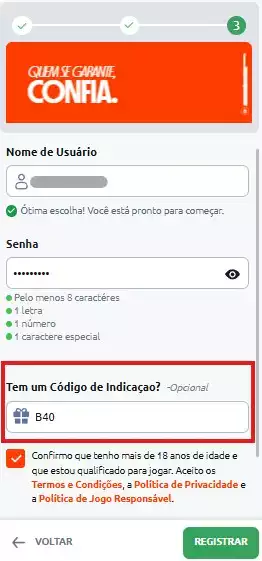 Onde inserir código de indicação Betano